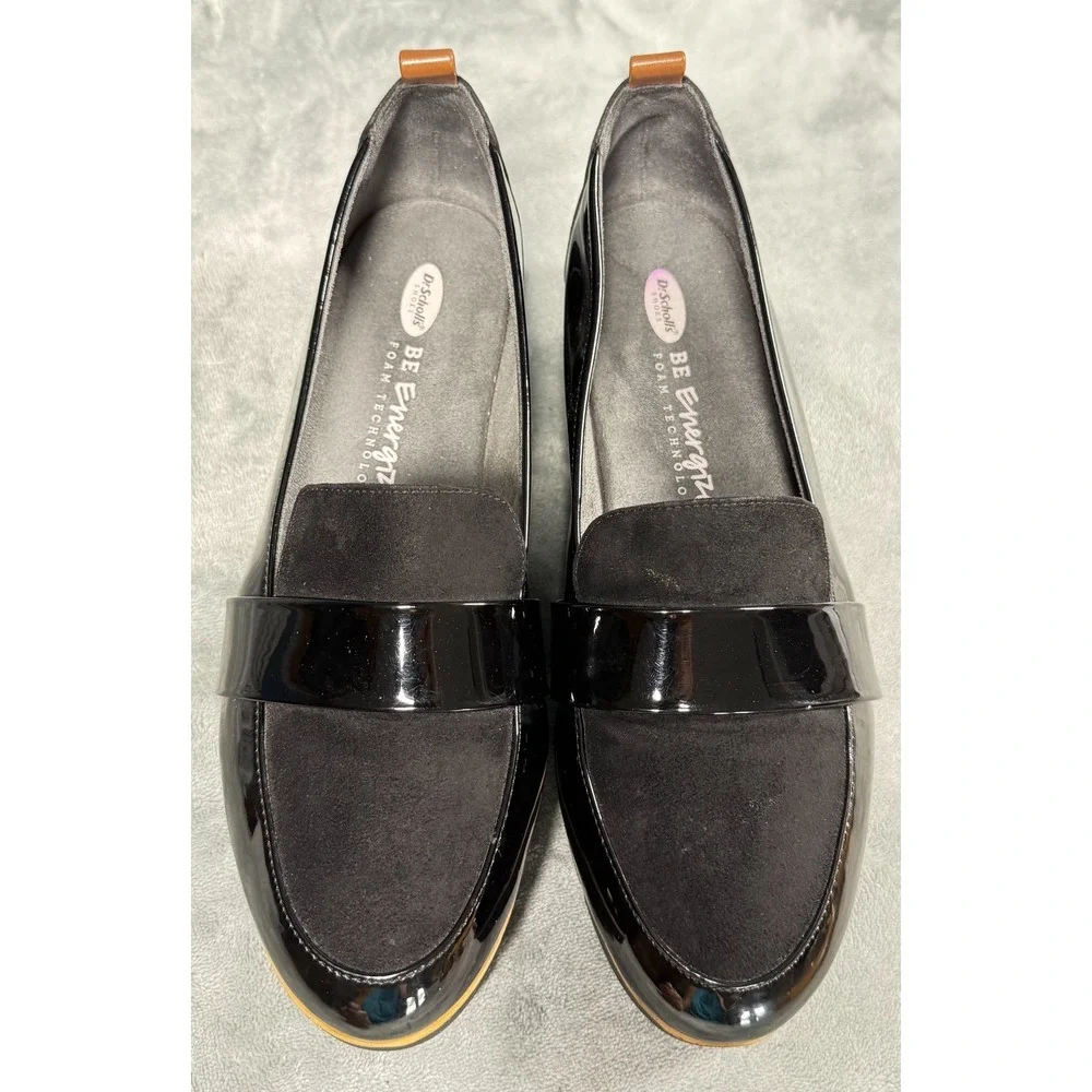 Dr Scholls Loafers Womens 8.5 Black Patent Leather Suede Platform